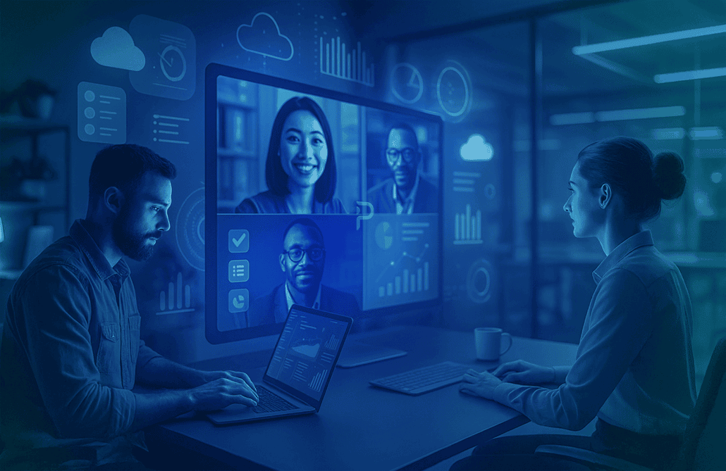 Reunión virtual de trabajo híbrido con equipo en oficina y en línea.